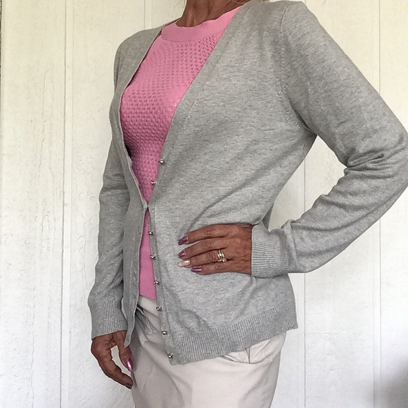 ALFANI GRAY SILK BUTTON DOWN CARDIGAN LARGE - Picture 2 of 7